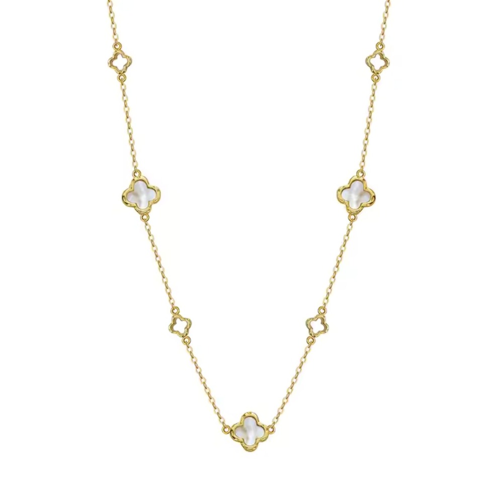 Mother of Pearl Clover Station Necklace | Sterling Silver Gold Plated | 16 - 18"